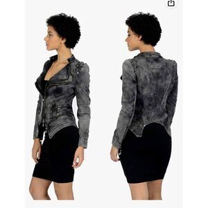 Women's Gray Studded Zipper Denim Moto Jacket